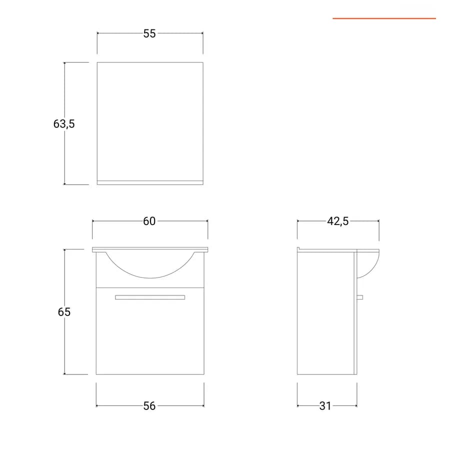 Mobile bagno sospeso 60 cm profondità 42 cm tortora lucido con specchio e mensola - Ready