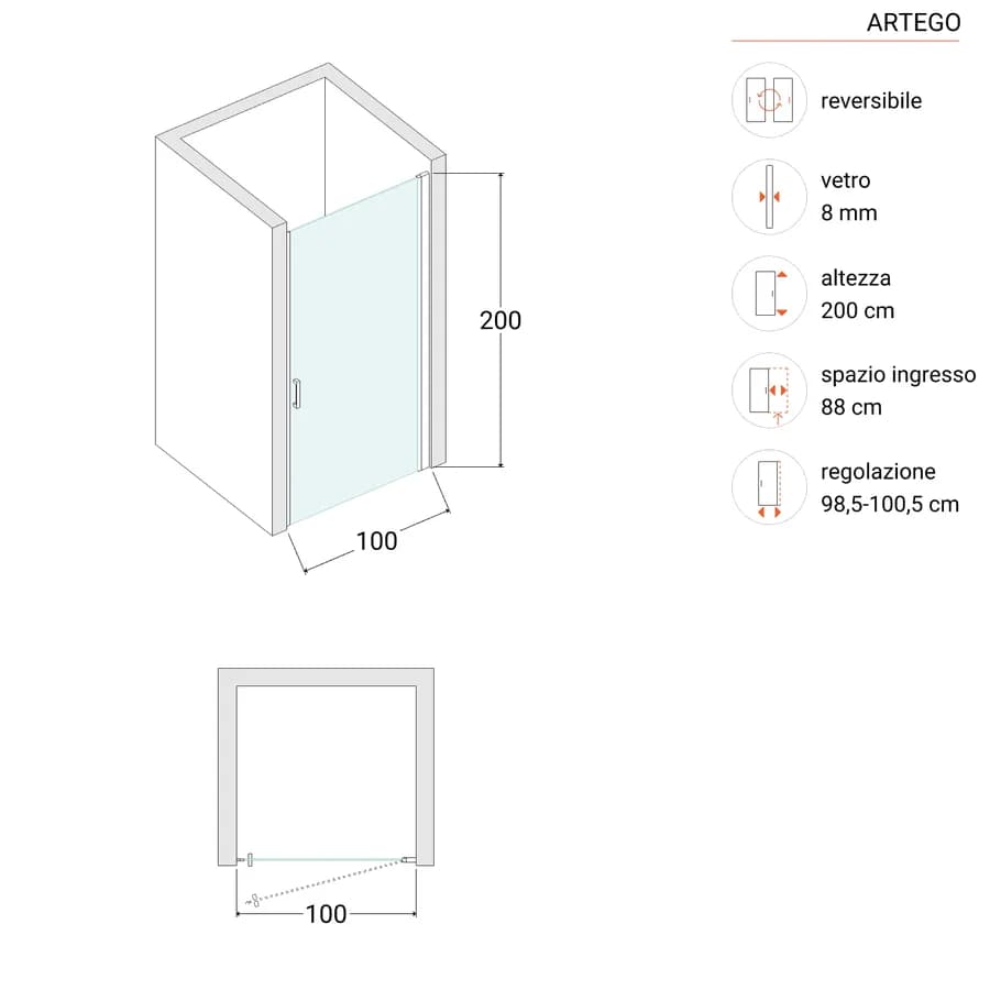 Box doccia nicchia 100 cm battente con vetro anticalcare trasparente e profilo nero opaco 200h - Artego