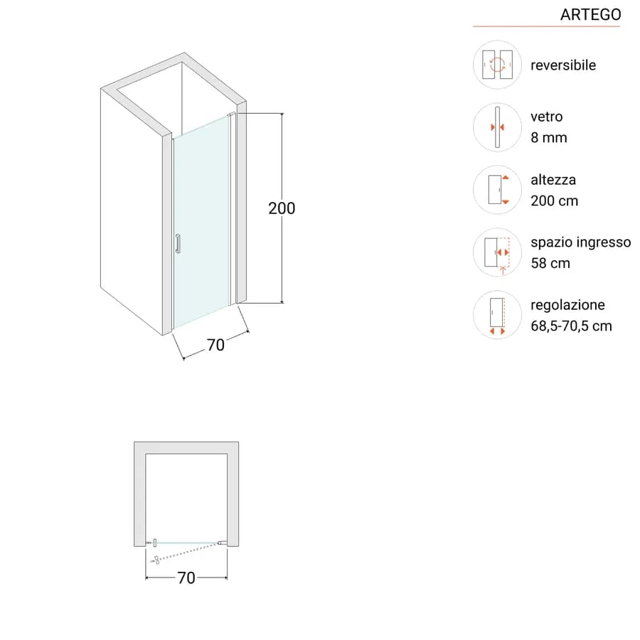Box doccia nicchia 70 cm battente con vetro anticalcare trasparente e profilo nero opaco 200h - Artego