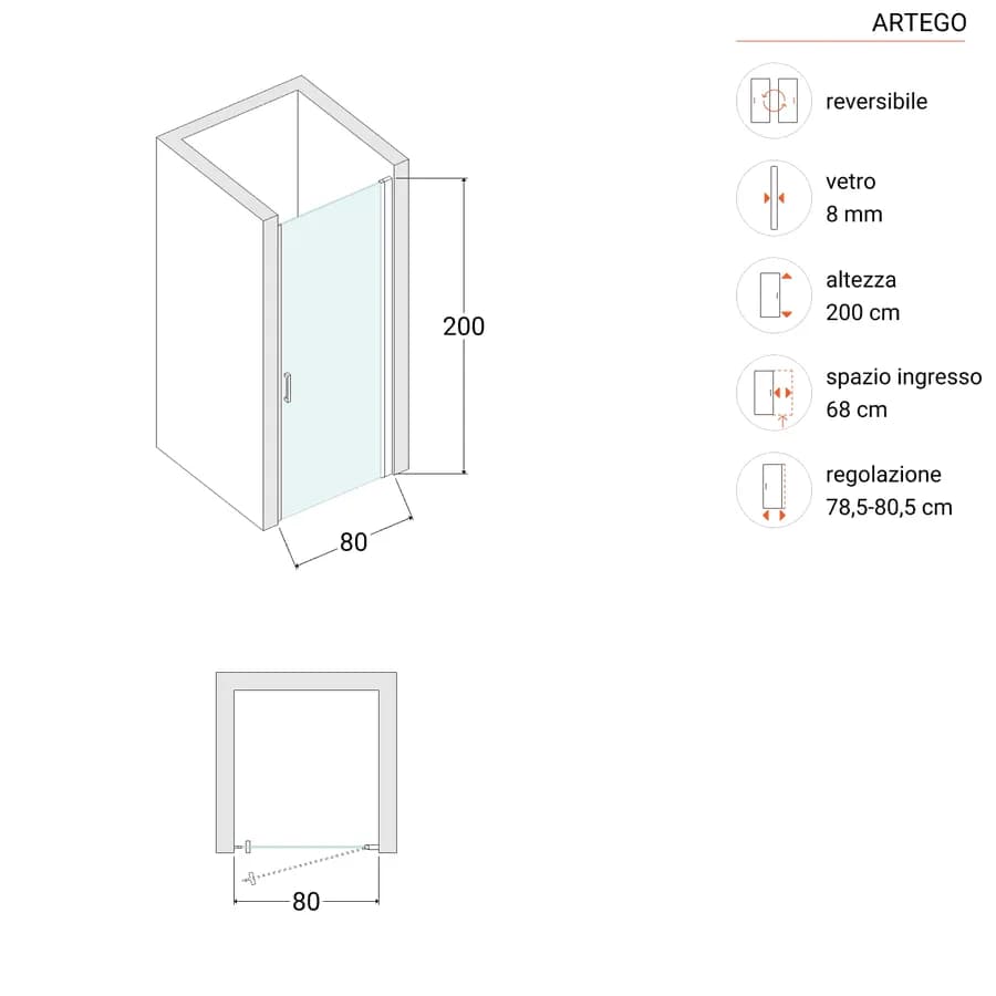 Box doccia nicchia 80 cm battente con vetro anticalcare trasparente e profilo nero opaco 200h - Artego