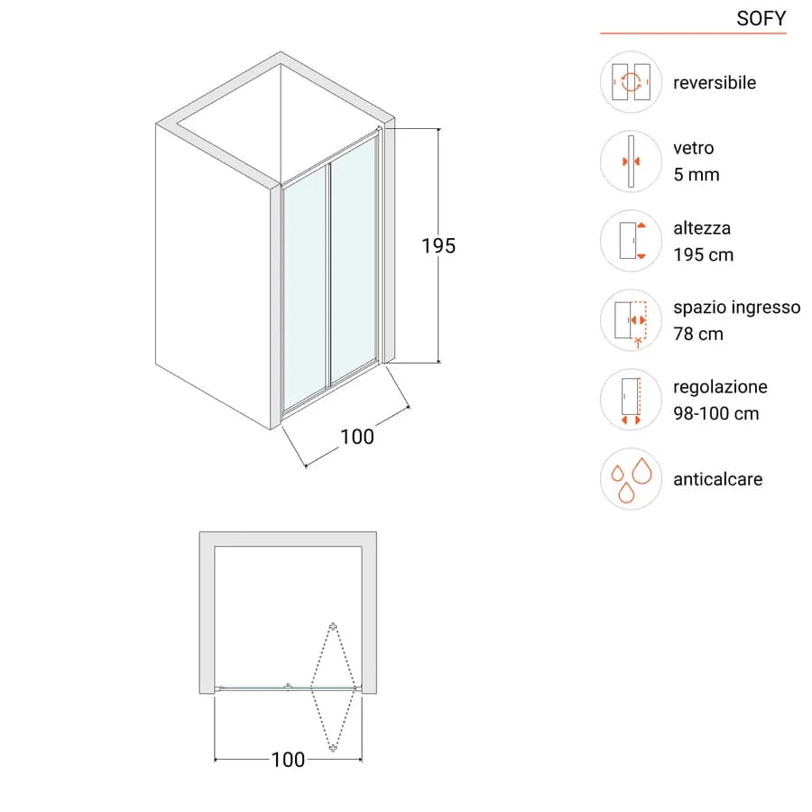Nicchia doccia 100 cm a soffietto anticalcare trasparente 195h - Sofy