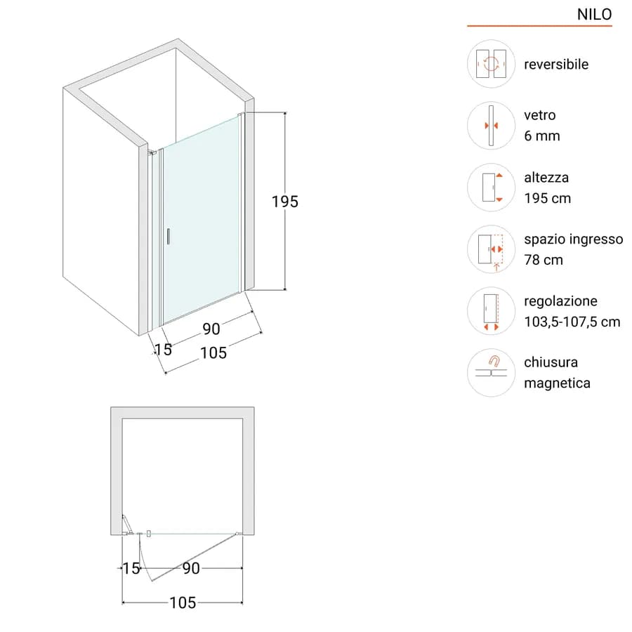 Box doccia nicchia 105 cm 90 battente + 15 fisso con vetro temperato opaco e profilo cromo 195h - Nilo