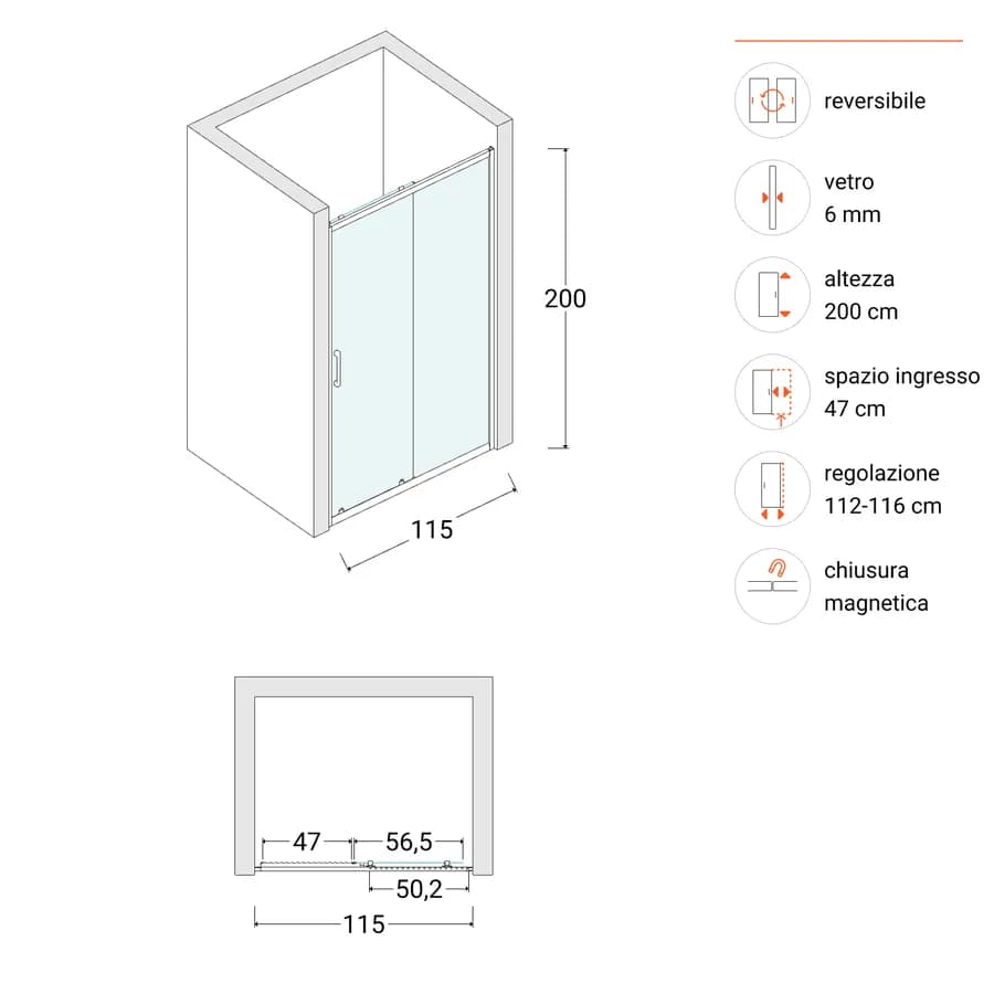 Box doccia nicchia 115 cm scorrevole con vetro stampato e profilo cromo 200h - Skin