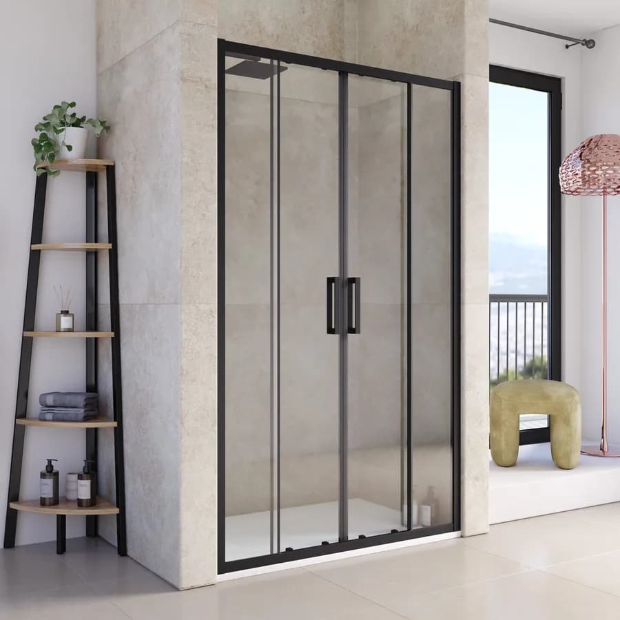 Nicchia doccia 120 cm scorrevole 4 ante profilo alluminio nero 200h anticalcare - Naomi