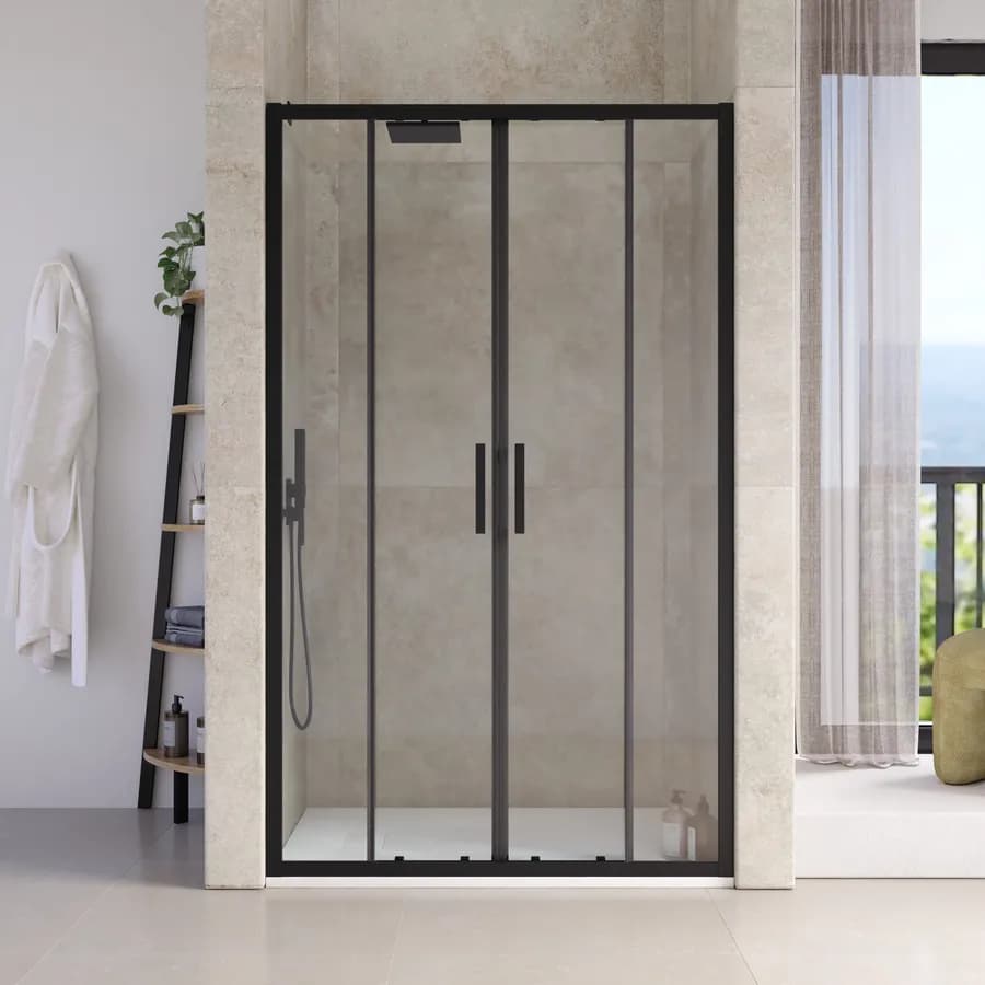 Nicchia doccia 120 cm scorrevole 4 ante profilo alluminio nero 200h anticalcare - Naomi