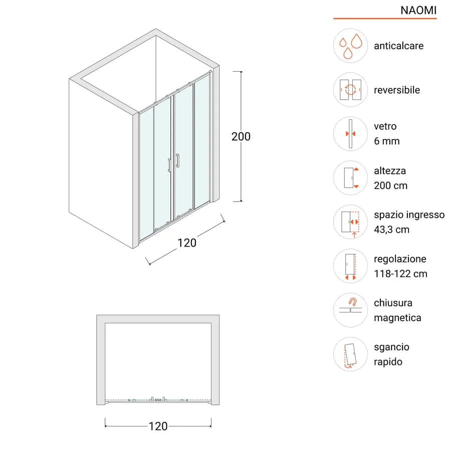 Nicchia doccia 120 cm scorrevole 4 ante profilo alluminio nero 200h anticalcare - Naomi
