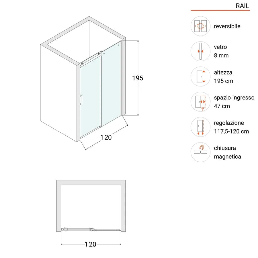 Box doccia nicchia 120 cm scorrevole vetro anticalcare trasparente profilo nero opaco 195h - Rail
