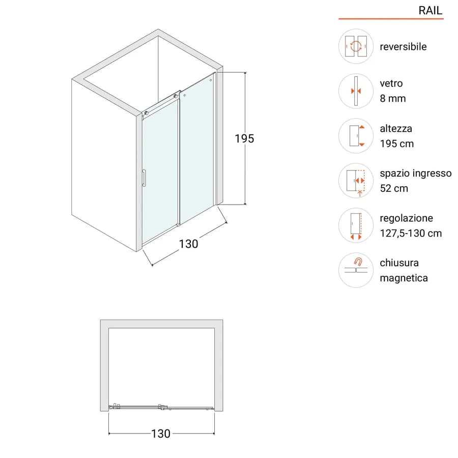 Box doccia nicchia 130 cm scorrevole vetro anticalcare trasparente profilo nero opaco 195h - Rail