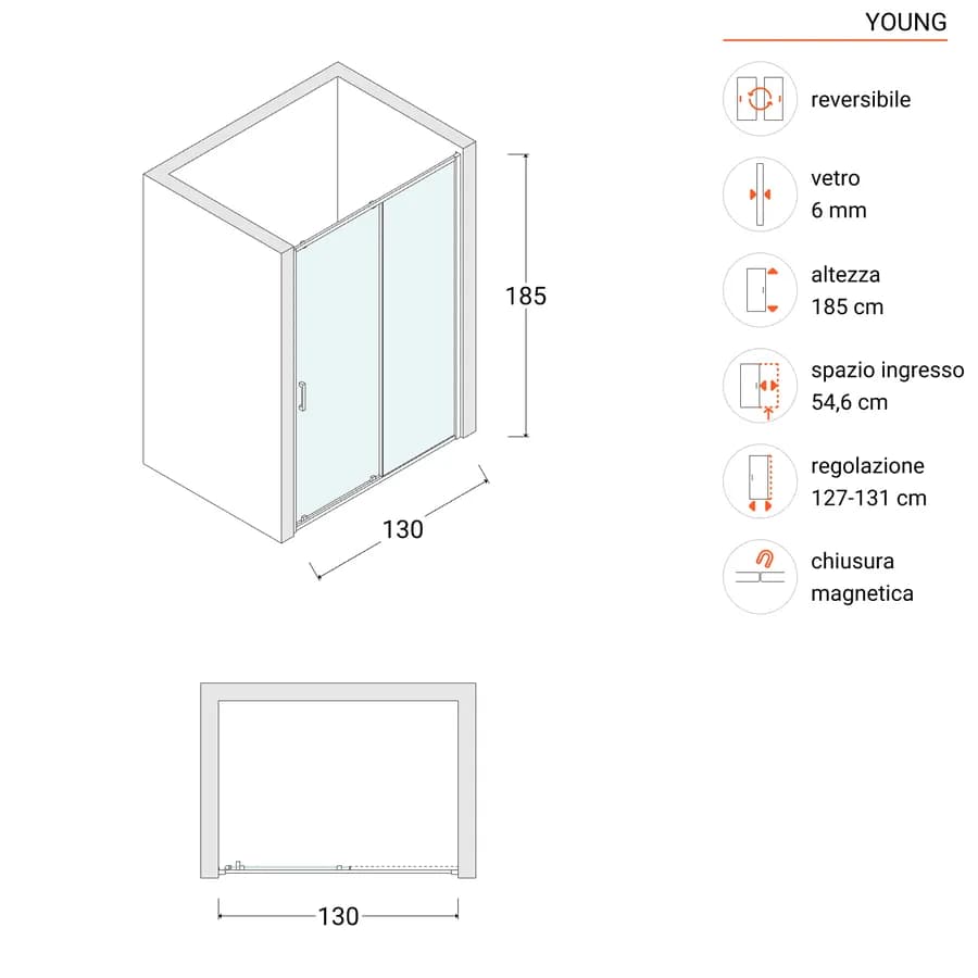 Nicchia doccia 130 cm scorrevole vetro temperato 6mm trasparente 185h - Young