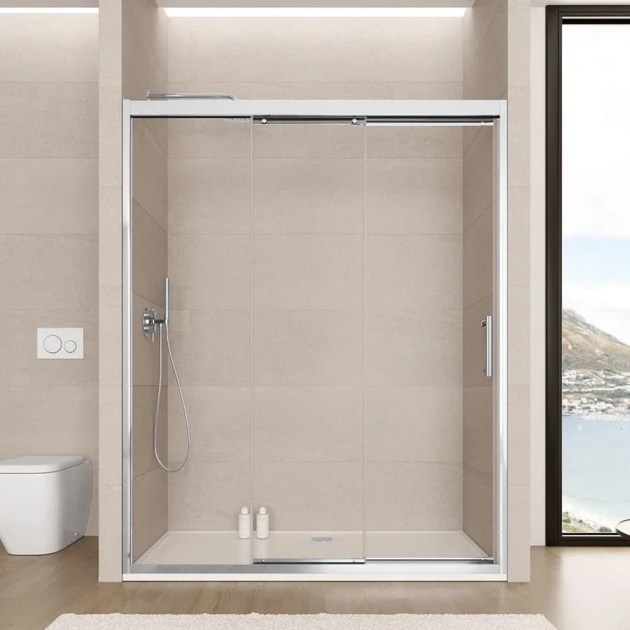 Box doccia nicchia 130 cm scorrevole verso sx 3 ante anticalcare trasparente e profilo cromo 195h - Teknic