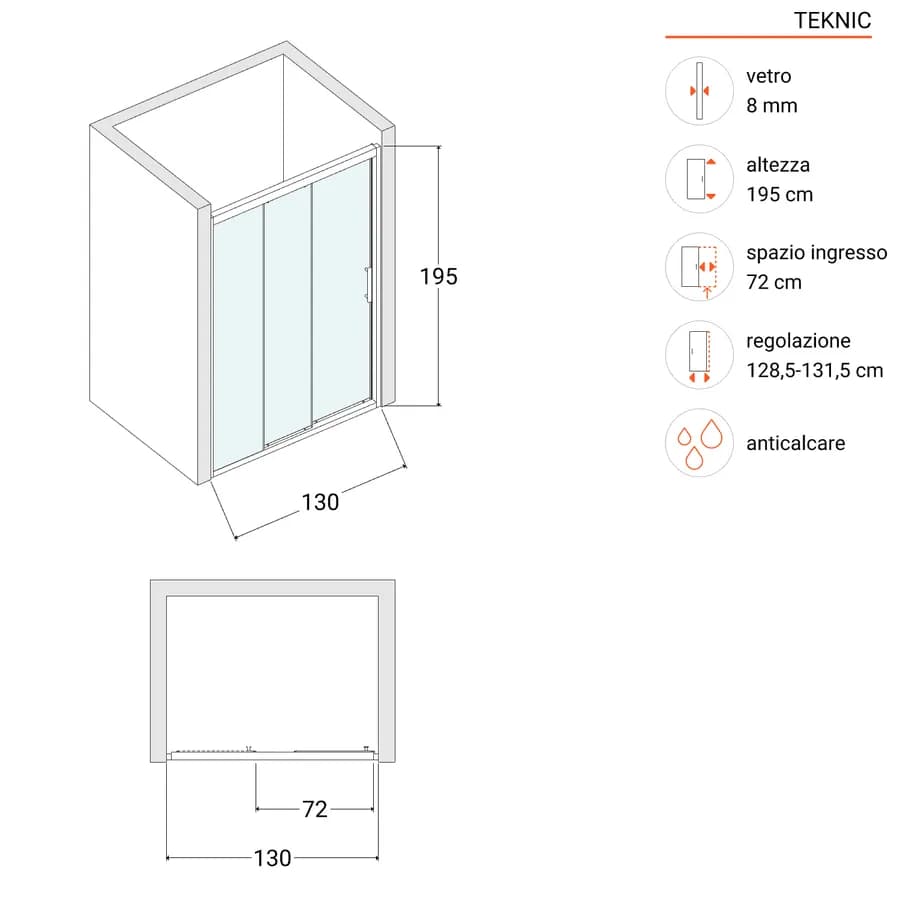 Box doccia nicchia 130 cm scorrevole verso sx 3 ante anticalcare trasparente e profilo cromo 195h - Teknic