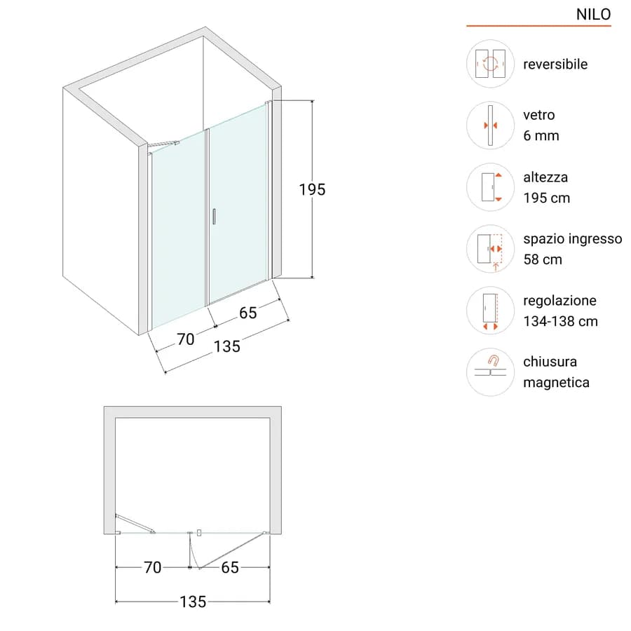 Box doccia nicchia 135 cm battente 65 cm e lato fisso con vetro temperato trasparente e profilo cromo 195h - Nilo