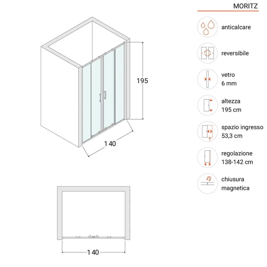 Nicchia doccia 140 cm doppio scorrevole in vetro trasparente anticalcare profilo cromo 195h - Moritz