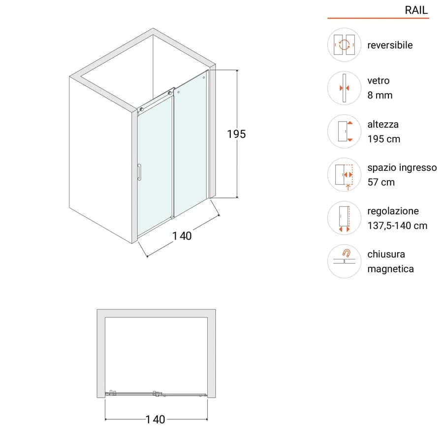 Box doccia nicchia 140 cm scorrevole vetro anticalcare trasparente profilo nero opaco 195h - Rail