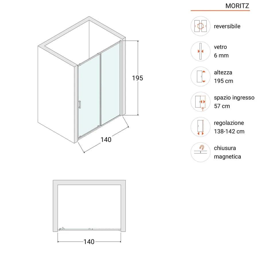 Box doccia nicchia 140 cm scorrevole vetro temperato opaco profilo cromo 195h - Moritz