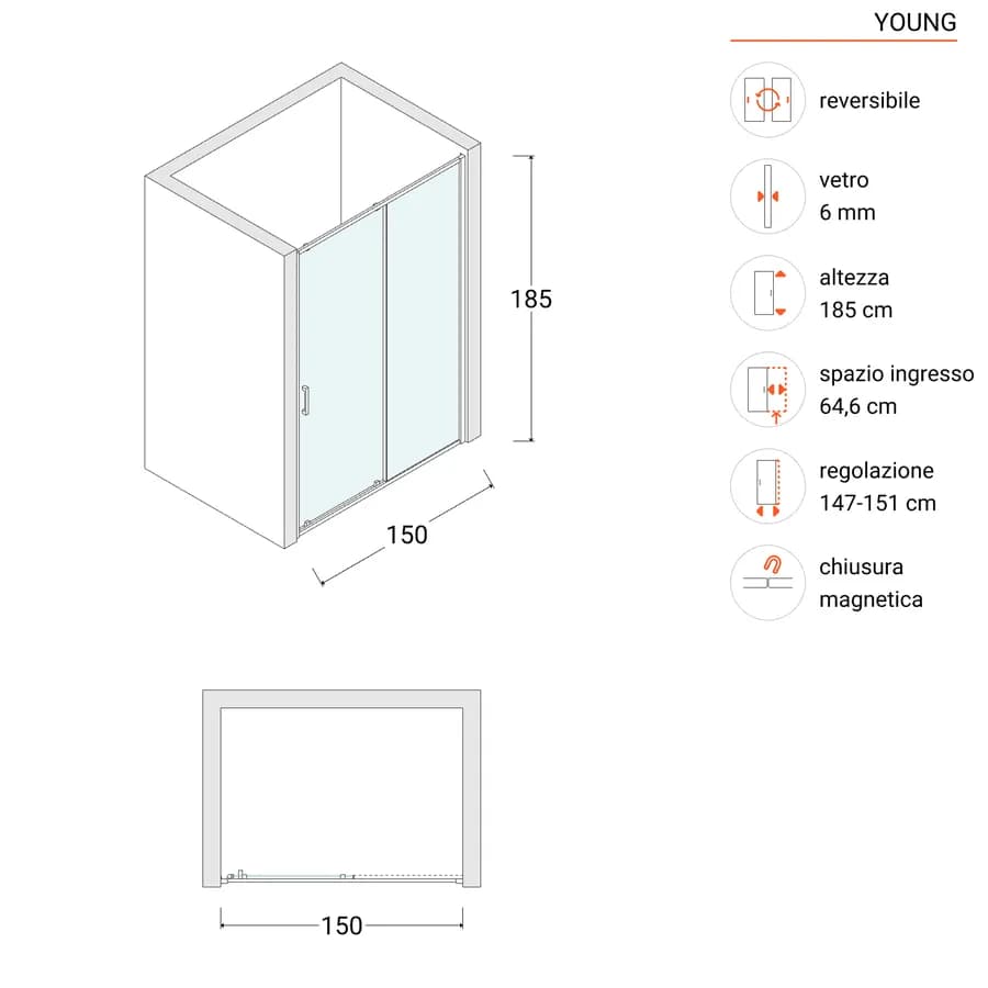 Nicchia doccia 150 cm scorrevole vetro temperato 6mm trasparente 185h - Young