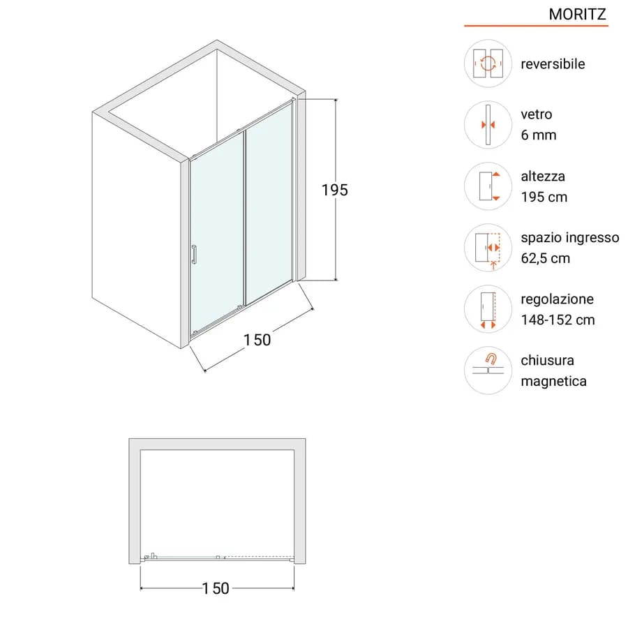 Box doccia nicchia 150 cm scorrevole vetro temperato opaco profilo cromo 195h - Moritz