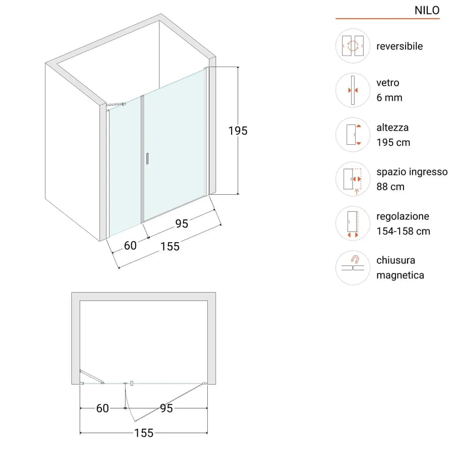 Box doccia nicchia 155 cm porta battente 95 cm con lato fisso trasparente 195h - Nilo
