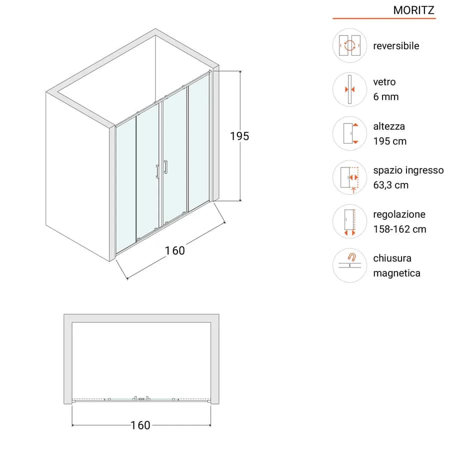 Box doccia nicchia 160 cm doppio scorrevole vetro temperato opaco profilo cromo 195h - Moritz