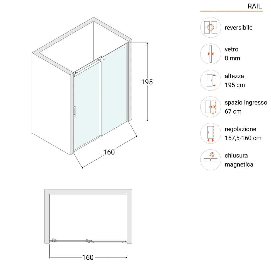 Box doccia nicchia 160 cm scorrevole vetro anticalcare trasparente profilo cromo 195h - Rail