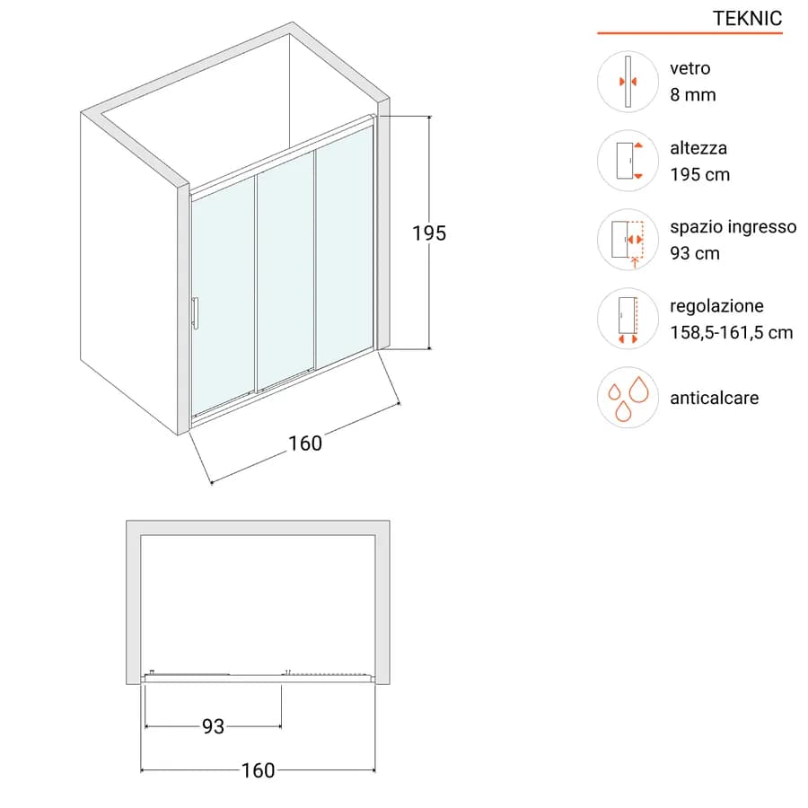 Box doccia nicchia 160 cm scorrevole verso dx 3 ante anticalcare opaco e profilo cromo 195h - Teknic