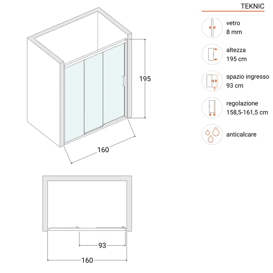 Box doccia nicchia 160 cm scorrevole verso sx 3 ante anticalcare opaco e profilo cromo 195h - Teknic