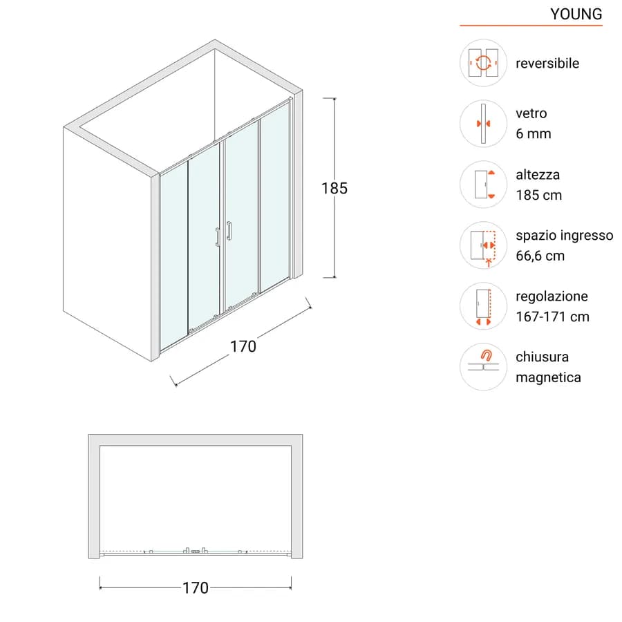 Nicchia doccia 170 cm doppio scorrevole vetro temperato 6mm trasparente 185h - Young