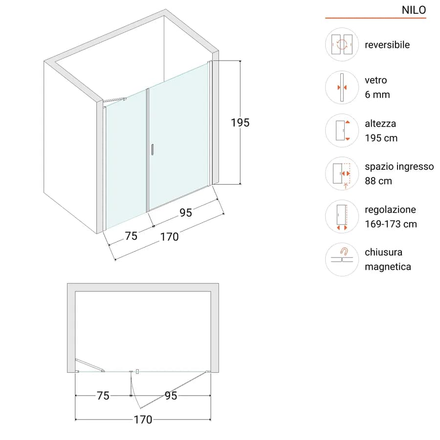 Box doccia nicchia 170 cm battente 95 cm e lato fisso con vetro temperato trasparente e profilo cromo 195h - Nilo