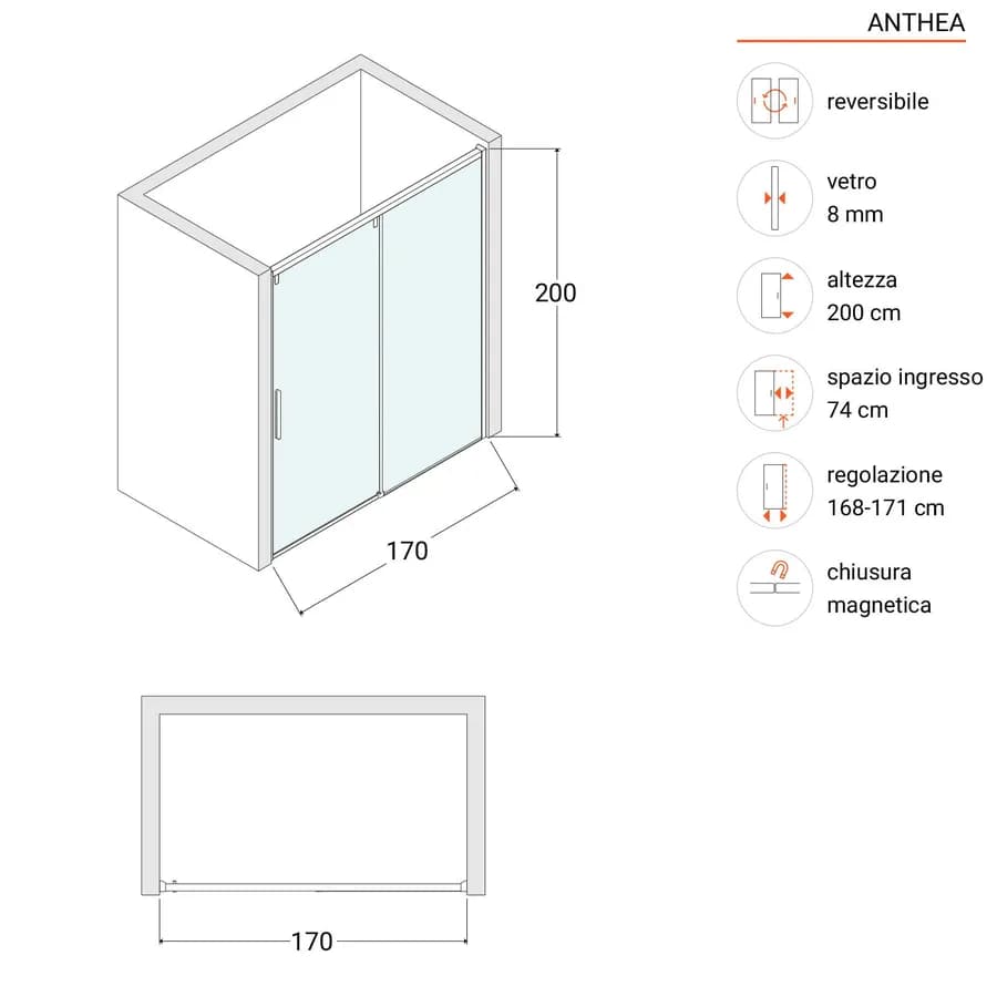 Nicchia 170 cm scorrevole SoftClose 8mm anticalcare 200h - Anthea