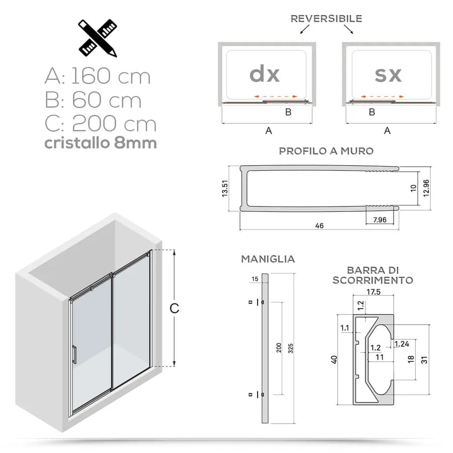 Box doccia nicchia 160 cm scorrevole in cristallo trasparente e profilo cromo 200h - Helios