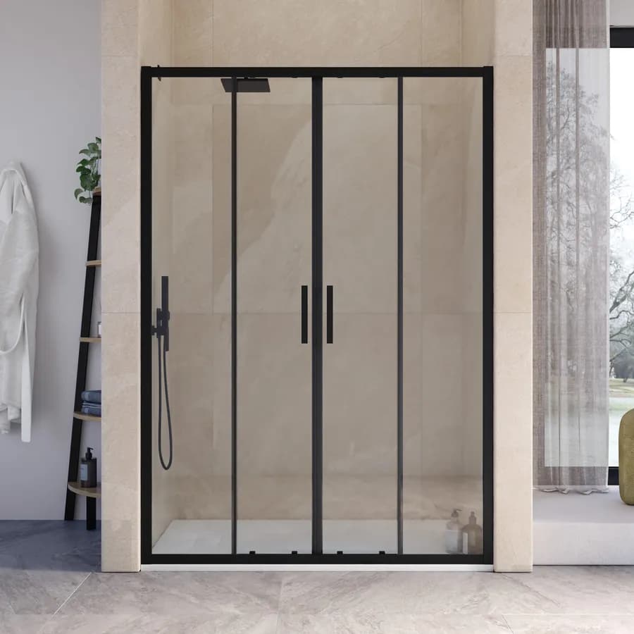Nicchia doccia profilo nero 140cm scorrevole 4 ante anticalcare trasparente 200h - Naomi