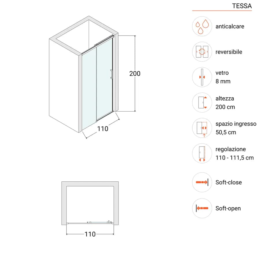 Box doccia nicchia 110 cm scorrevole in vetro temperato trasparente profilo spazzolato 200 h - Tessa