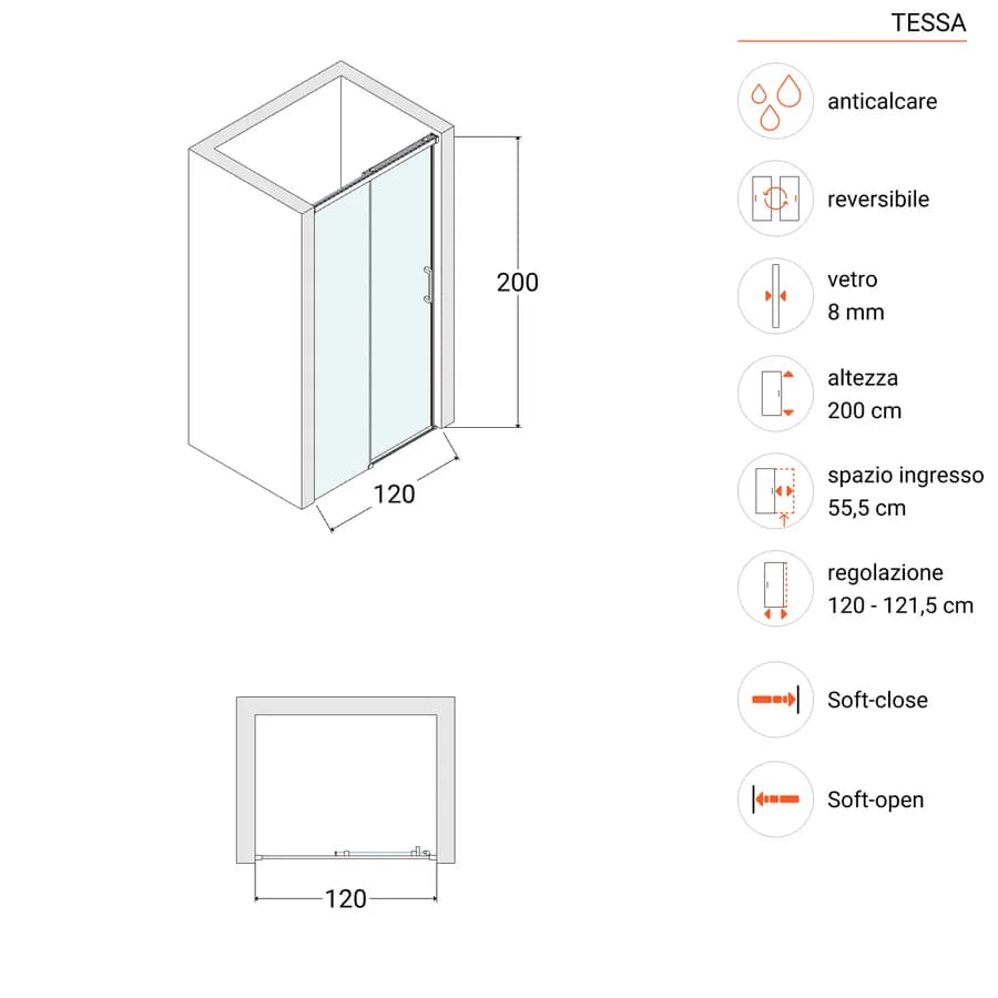 Box doccia nicchia 120 scorrevole cm in vetro temperato fumè profilo cromo 200 h - Tessa
