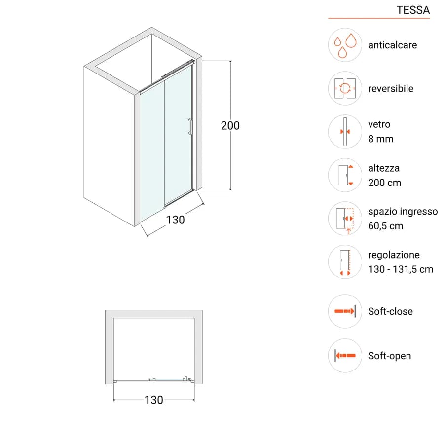 Box doccia nicchia 130 scorrevole cm in vetro temperato fumè profilo cromo 200 h - Tessa