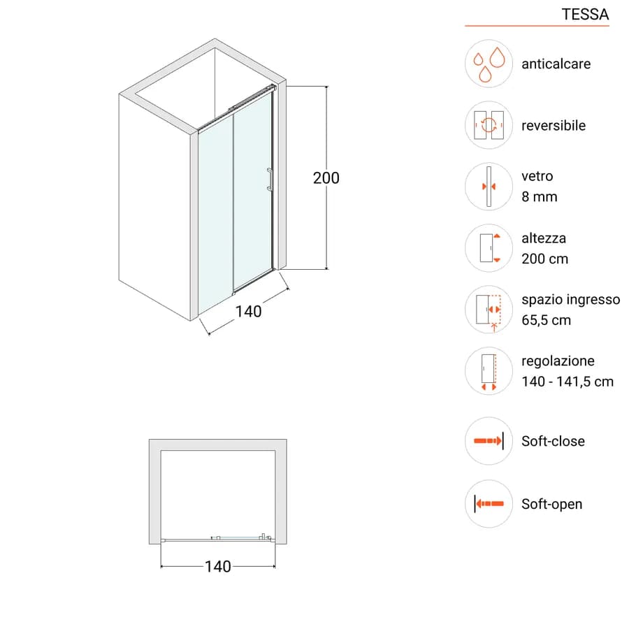 Box doccia nicchia 140 cm scorrevole in vetro temperato fumè profilo spazzolato 200 h - Tessa
