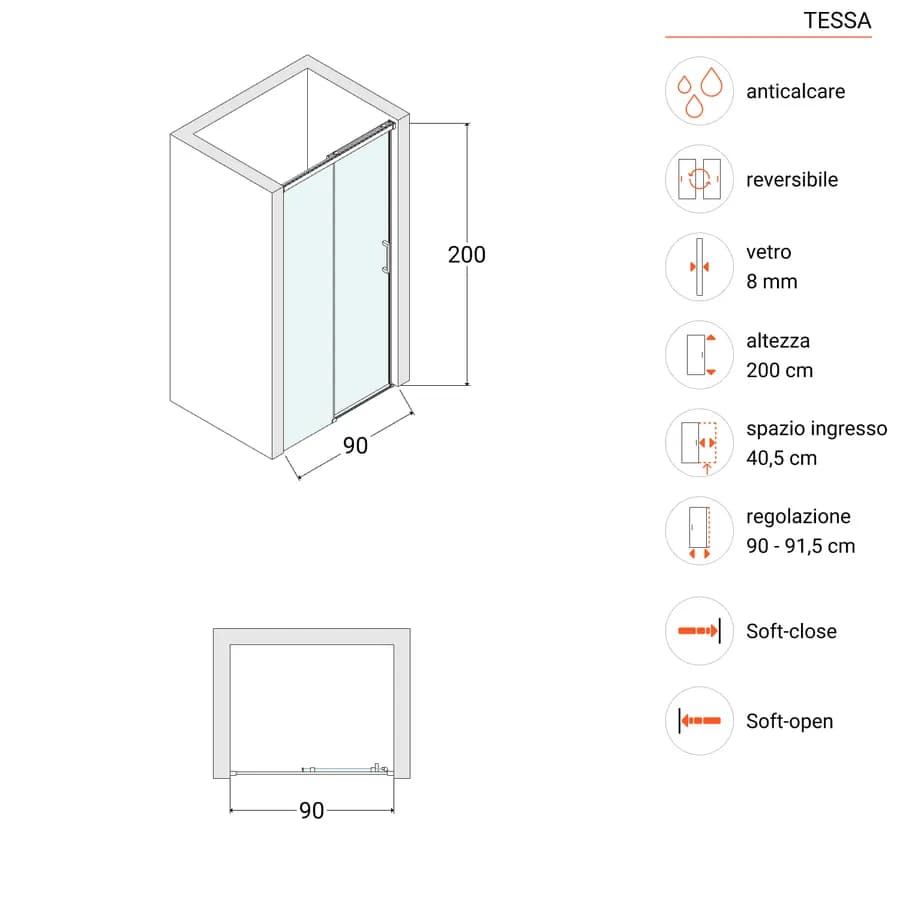 Box doccia nicchia 90 scorrevole cm in vetro temperato trasparente profilo nero opaco 200 h - Tessa