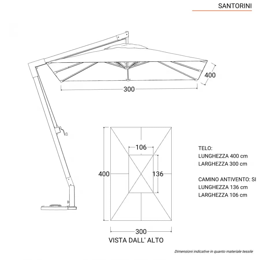 Ombrellone con palo laterale in legno e telo 4x3 m bianco - Santorini