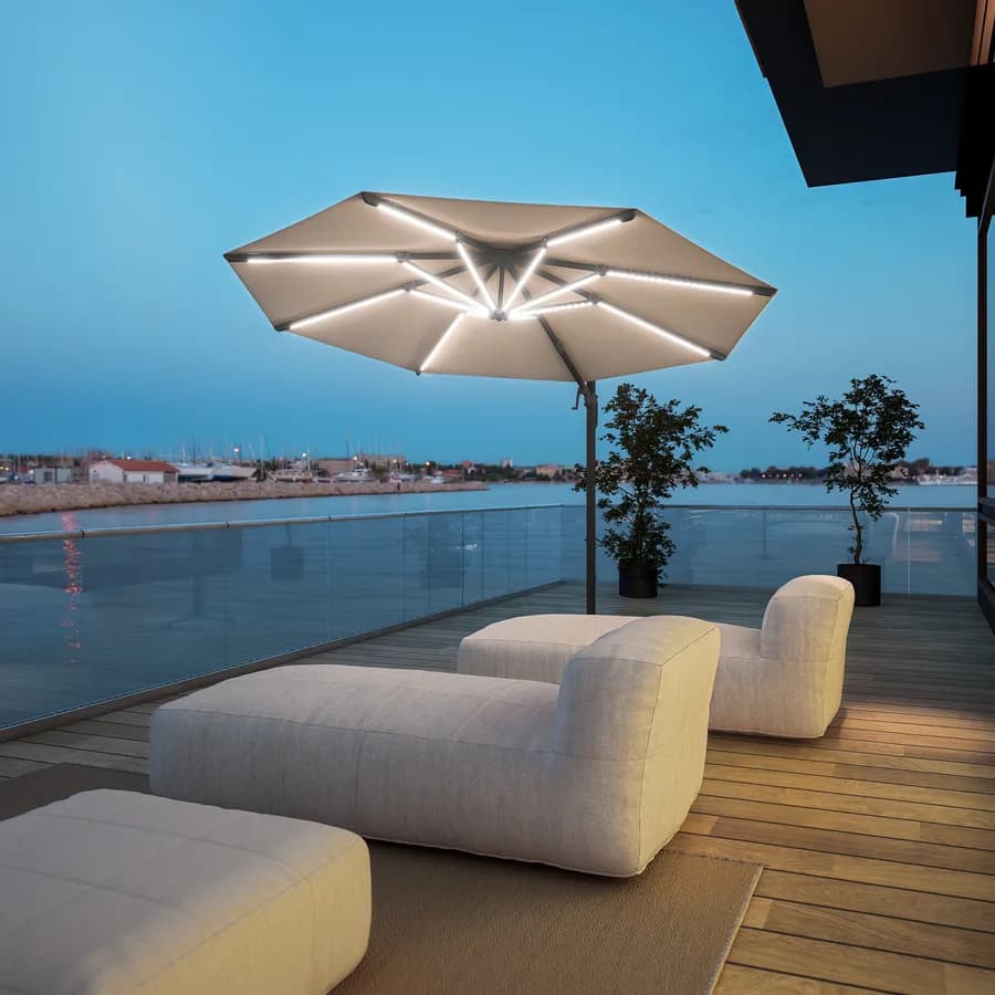 Ombrellone a LED rotondo 3 m palo laterale antracite e telo ecrù - Ibiza