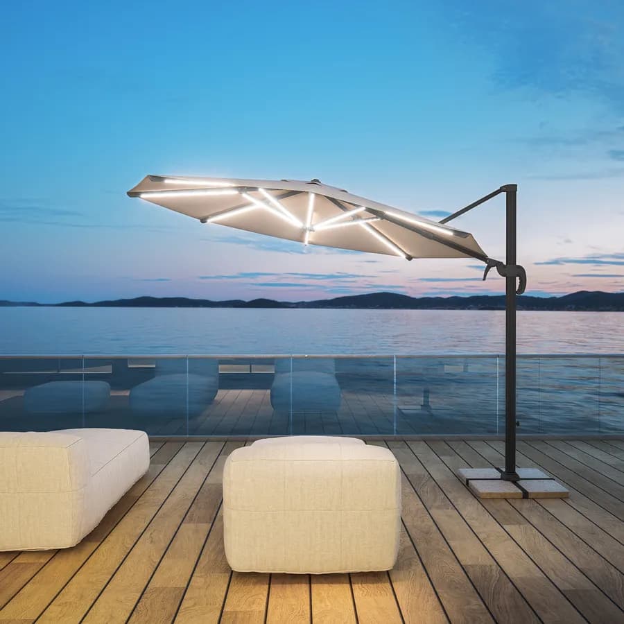 Ombrellone a LED rotondo 3 m palo laterale antracite e telo ecrù - Ibiza