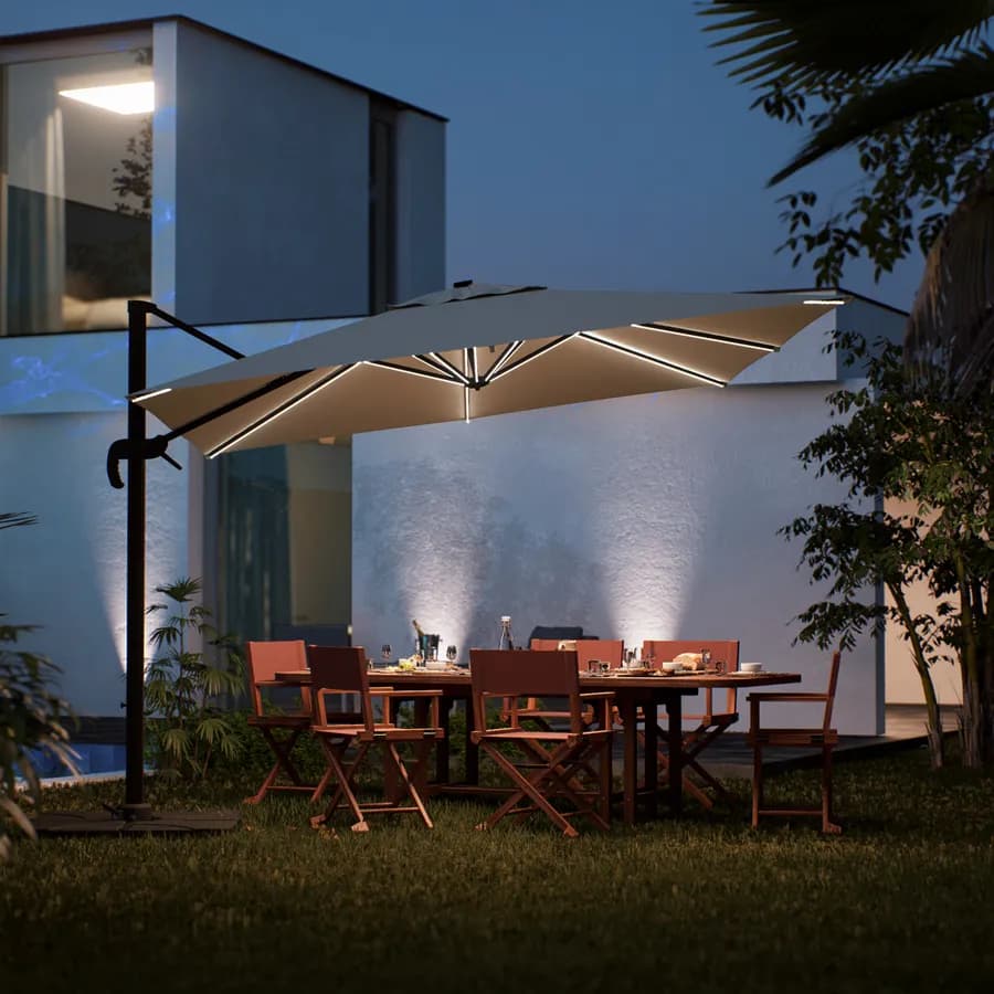 Ombrellone a luci LED con palo laterale 4x3 m e telo ecrù - Lipari