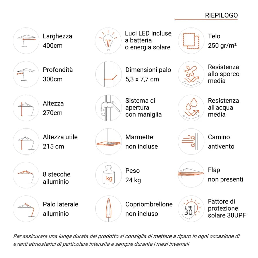 Ombrellone a luci LED con palo laterale 4x3 m e telo ecrù - Lipari