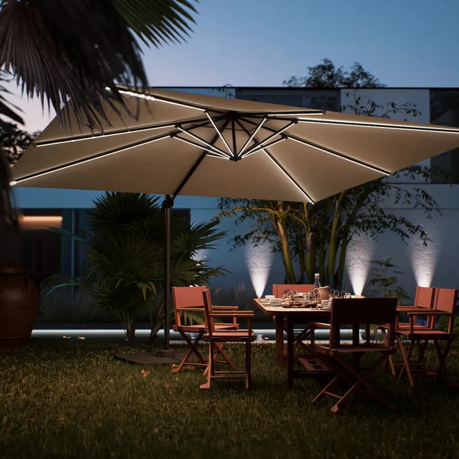 Ombrellone a luci LED con palo laterale 4x3 m e telo ecrù - Lipari