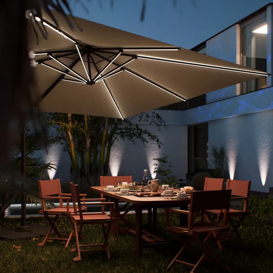Ombrellone a luci LED con palo laterale 4x3 m e telo ecrù - Lipari