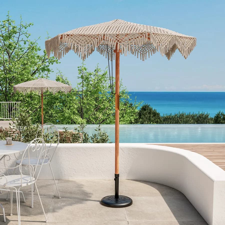 Ombrellone con palo centrale rotondo 2 m con telo macramè ecrù ed effetto legno- Macrame