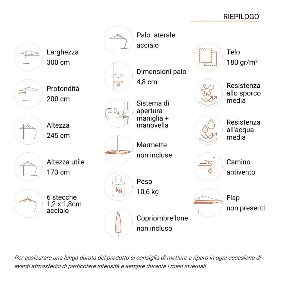 Ombrellone con palo laterale 3x2 m con telo tortora - Milos