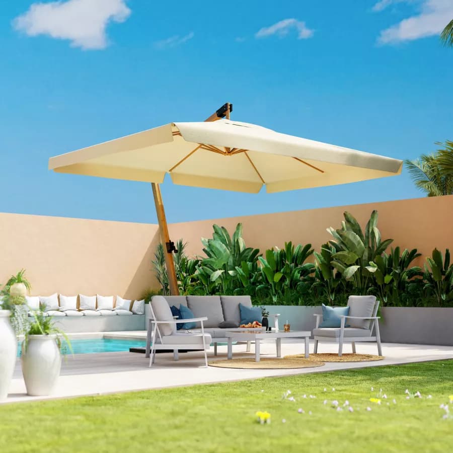 Ombrellone con palo laterale 4x3 m effetto legno telo naturale con flap - Corfù
