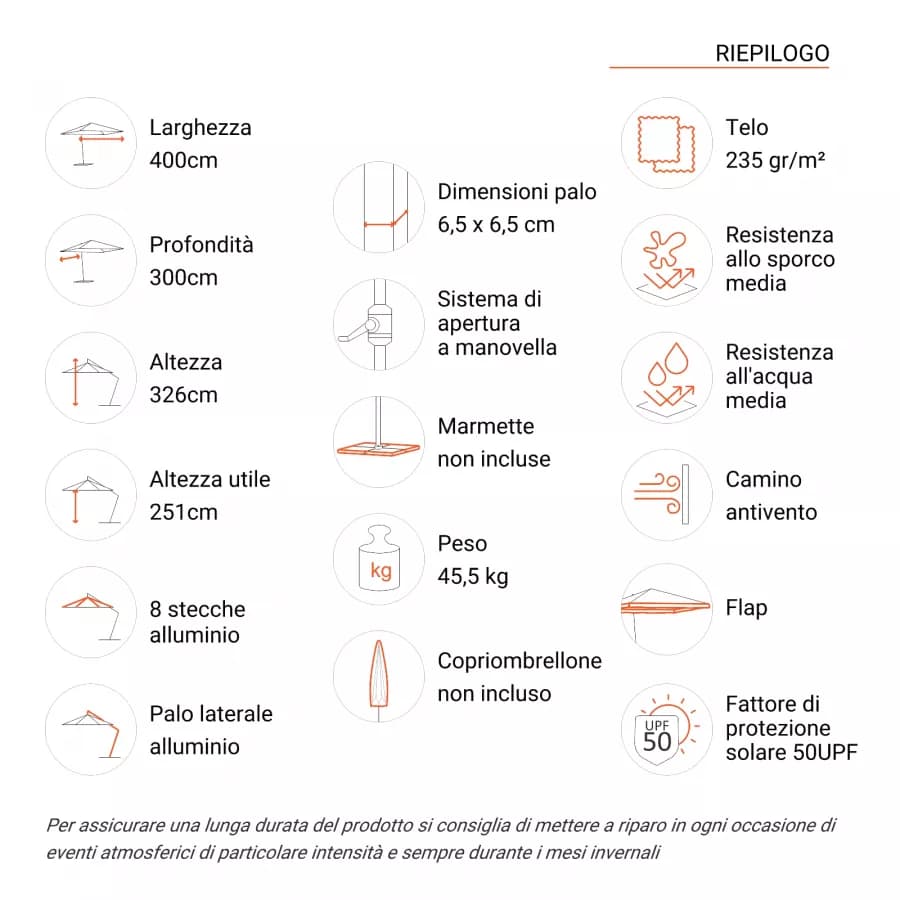 Ombrellone con palo laterale 4x3 m telo tortora con flap - Corfù