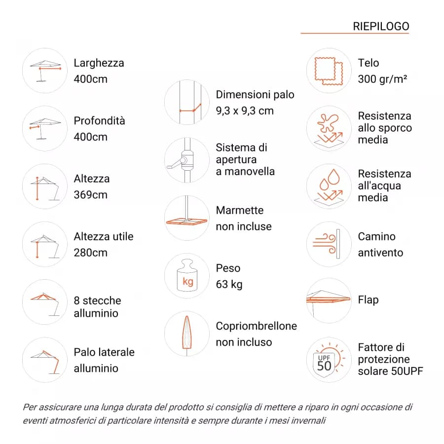 Ombrellone con palo laterale 4x4 m telo tortora con flap - Corfù