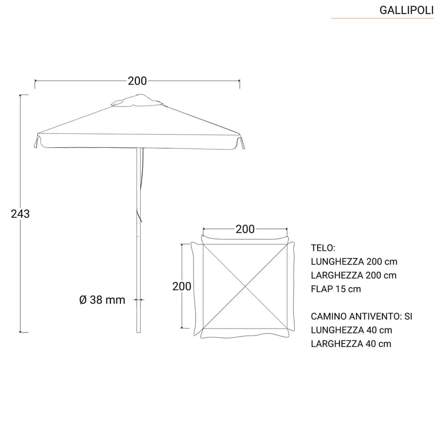 Ombrellone con palo centrale in legno 2x2 m e telo tortora con volant - Gallipoli