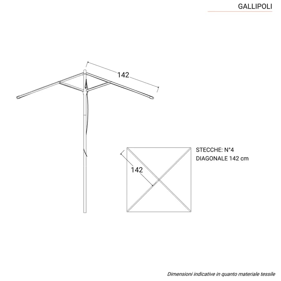 Ombrellone con palo centrale in legno 2x2 m e telo tortora con volant - Gallipoli